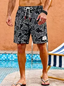 Quick-Dry Camo Print Men's Swim Trunks, Drawstring Waist Beach Shorts, Summer Waterproof Board Shorts for Surfing, Swimming, Vacation & Daily Wear, Casual Breathable Camouflage Swimwear