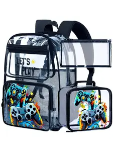 3PCS Kids Clear Backpack for Boys, Transparent Bookbag Stadium Approved, See Through School Bag for Elementary Preschool- Game