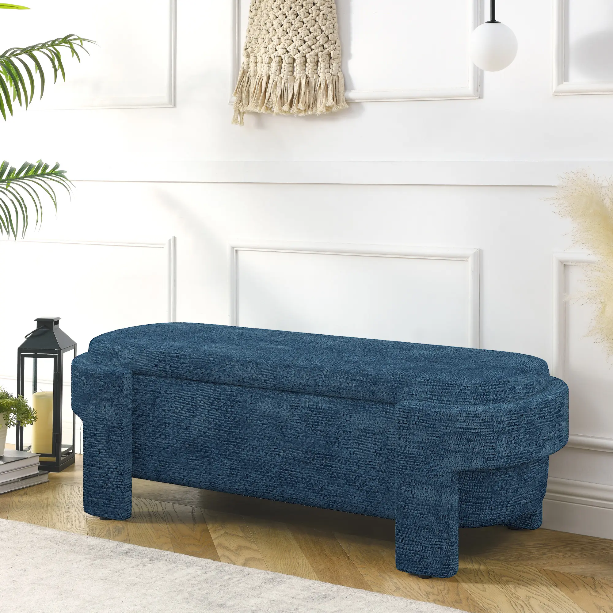 Niccae Soft Linen Seat Upholstered Bench - Footstool with Storage, Hidden Storage Ottoman, Instantly Assembled for Living Room, Entryway (51.5''x20.5''x17'') Dark Blue