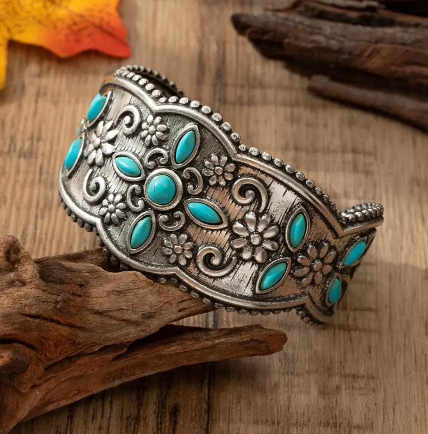 Turquoise Lace Iron Bangle Bracelet for Women Boho Western Jewelry