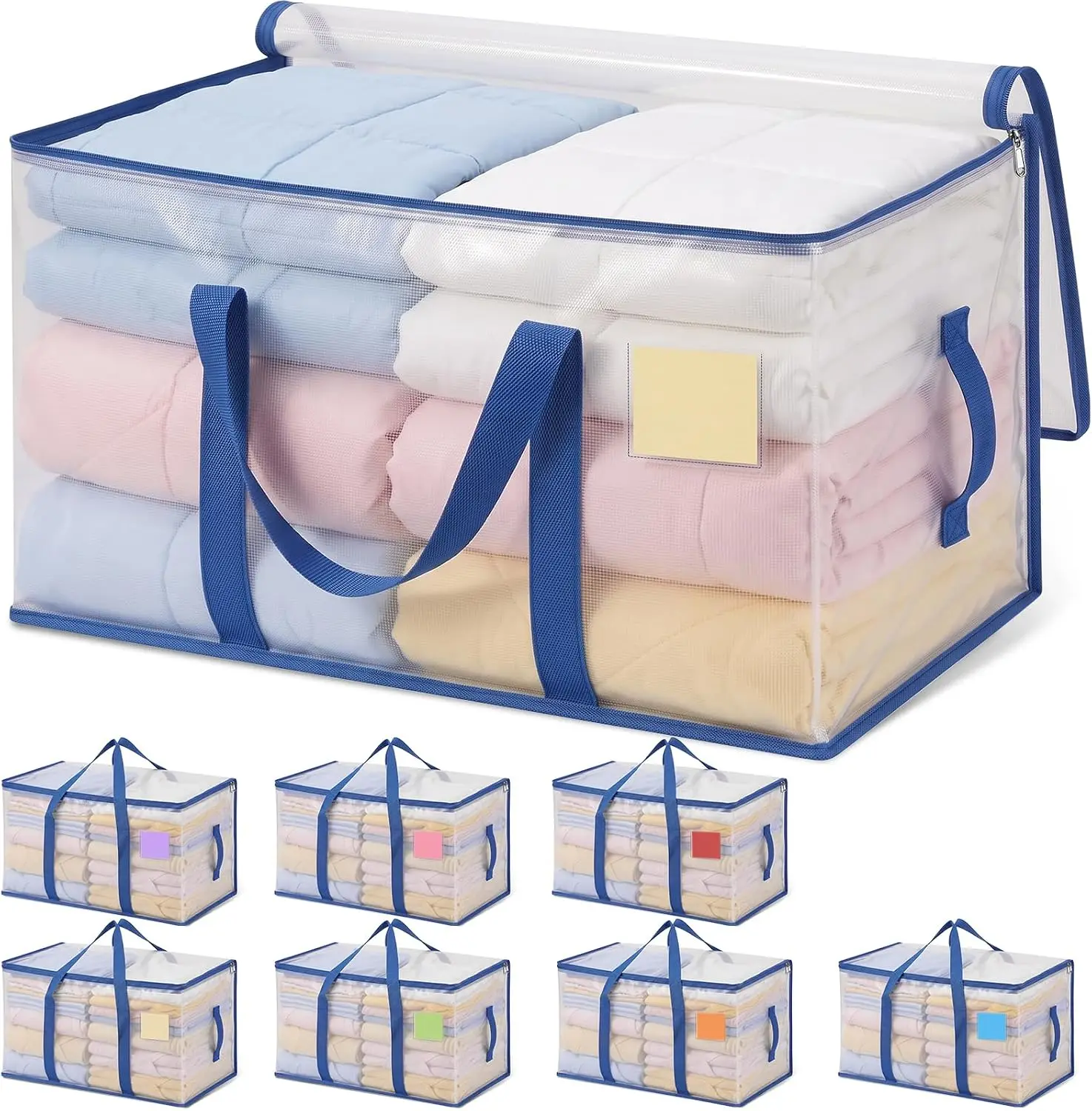 8-Pack Heavy Duty Moving Bags, Extra-Large Clear Blue Storage Bags with Reinforced Handles and Zippers
