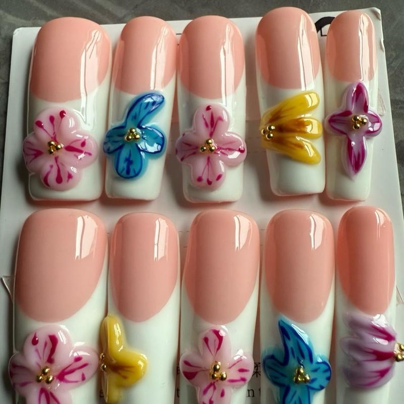 1.2 inches Square Acrylic Press-On Nails with Small Medium & Large Varieties Featuring Floral & Star Design for Stylish Manicure