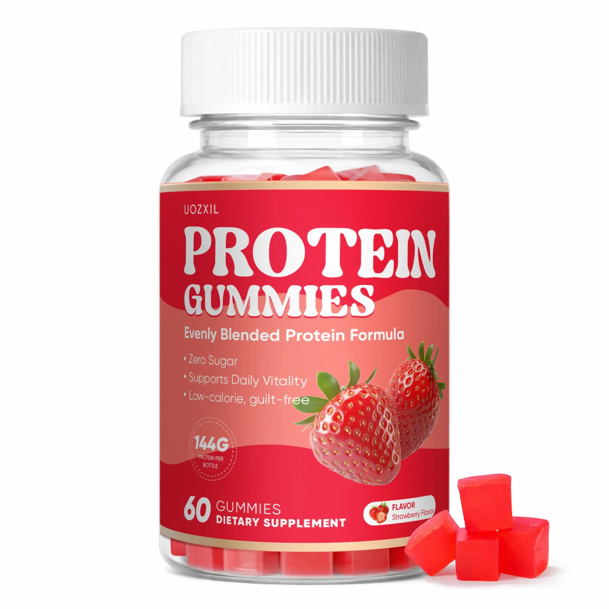 Plant Based Protein Gummies, 144g Protein Per Bottle, Zero Sugar, Low Calorie, Strawberry Flavor, 60 Gummies, Easy Daily Protein Snack