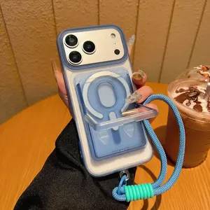 Macaron Color Phone Case, Matte Magnetic Card Holder Stand, Anti-Drop Phone Cover with Wrist Strap, Fits iPhone 11 12 13 14 15 16 17 Pro Max