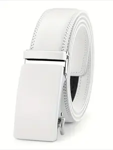 White, with Automatic Buckle White Leather Men's Trendy Exquisite Belt -Trim To Fit-35mm Wide Modern Buckle Belts