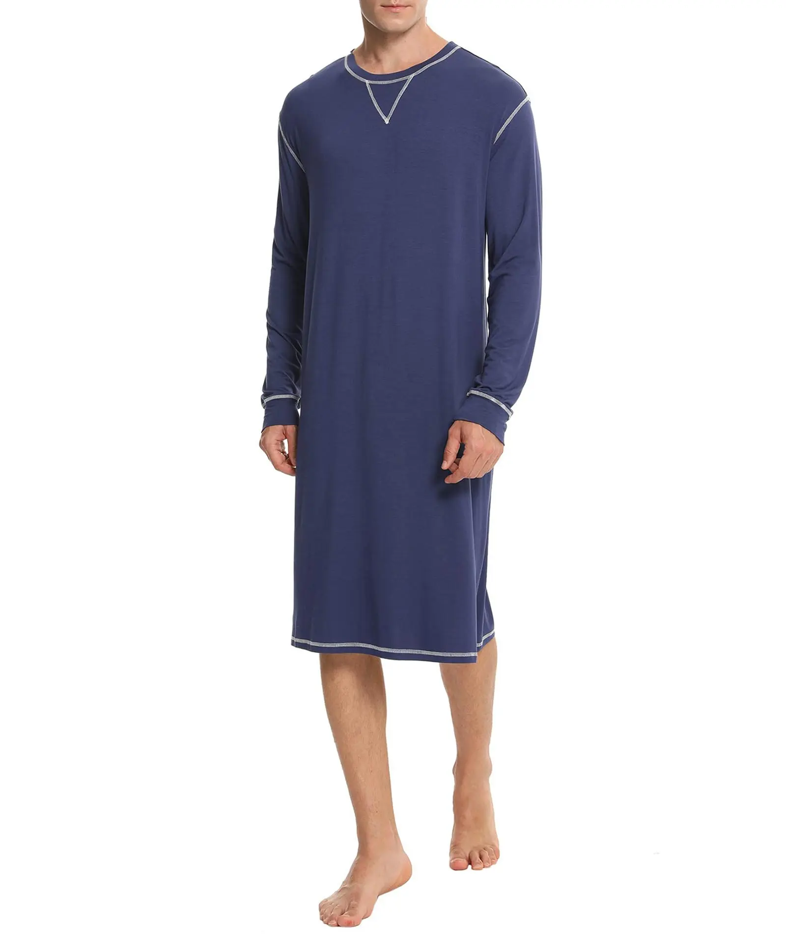 SWOMOG Men's Soft Stretch Modal Nightshirt - Stylish Long Sleeve Crew Neck Pajama Top, Plain Relaxed-Fit Casual Loungewear for Dad, Brother, Husband