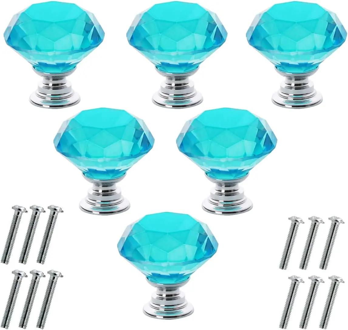 6 count  Glass Cabinet Knobs 30mm  Shape Drawer Kitchen Cabinets Dresser Cupboard Wardrobe Pulls Handles (30mm, Light Blue)