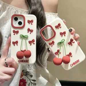 3D Bow Cherry Pendant Shockproof Cover Cartoon Shatter Silicone Soft Phone Case For iPhone 16 15 14 13 12 Pro Max Protection Protector Protective Cellphone Casing Smartphone Beige