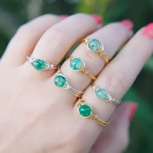 Fire Green Dragon Vein Wire Wrapped Ring