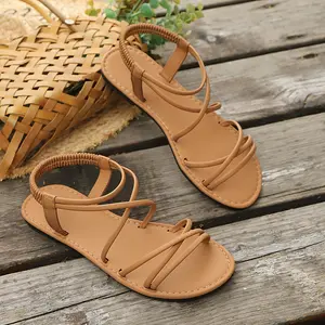 Women's PU Leather Strappy Slingback Sandals Open Toe Flat Summer Beach Shoes