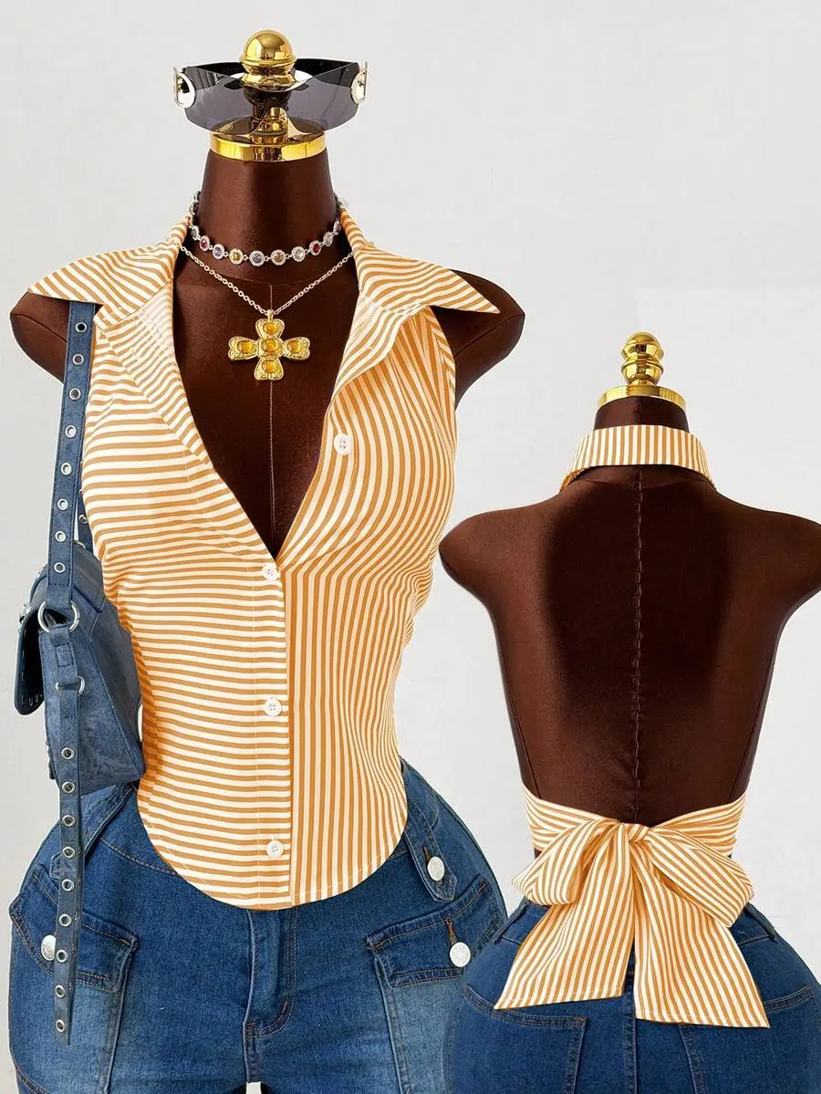 Sunspun Plus Size Women Casual Halter Neck Striped Hollow Out Shirt, Blue & White, Comfortable For Spring & Summer