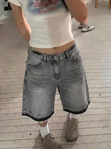 Y2K Streetwear Loose Fit Jeans Shorts, Cotton Slant Pocket Design, Summer Casual Wear, Trendy Wide Leg Denim Jeans for All Seasons