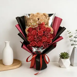 Artificial Rose Flower Bouquet With Bear Doll, Valentine's Day Gift Mother's Day Gift  Roses Artificial Roses Large Bouquet Home Decoration Bouquet