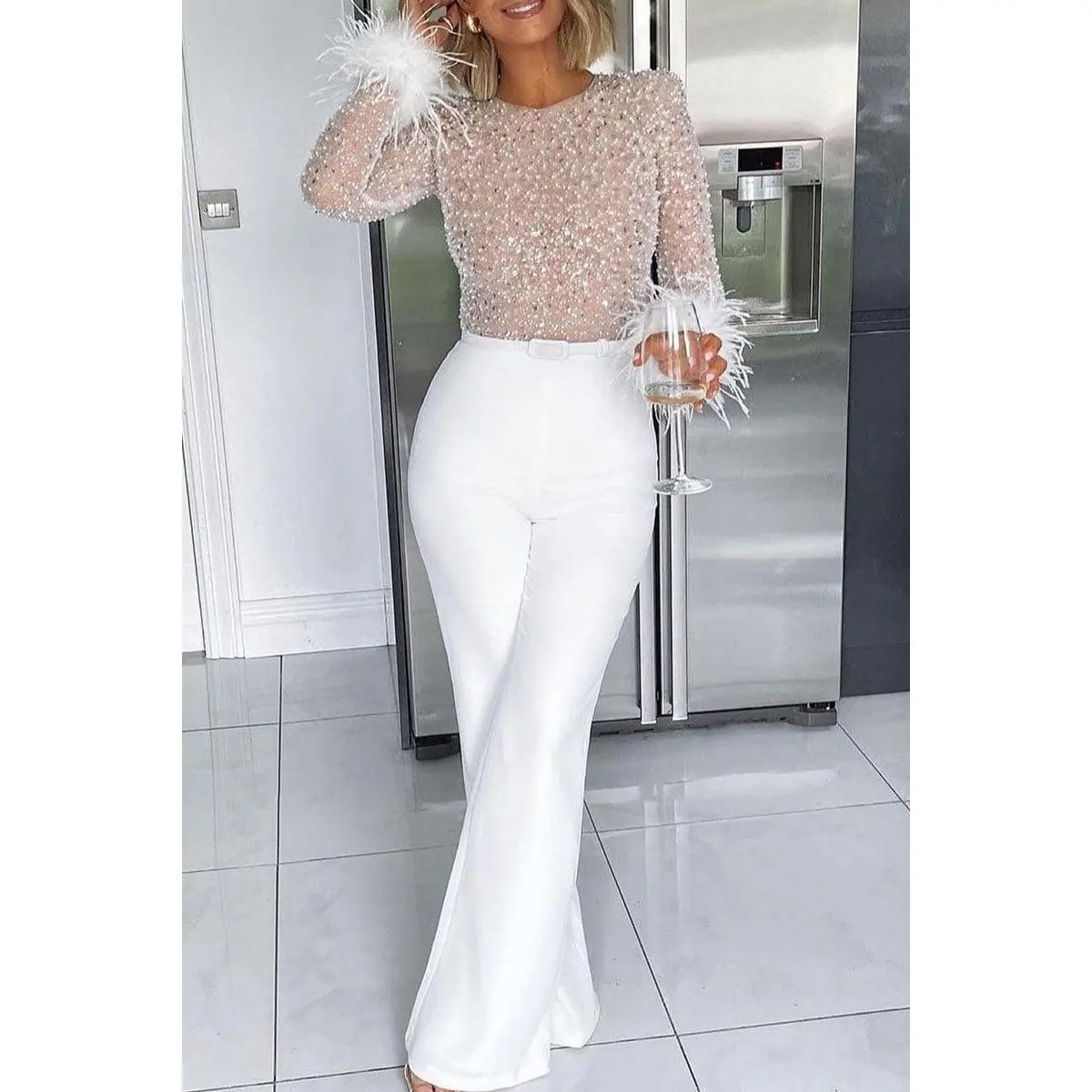 Sexy Solid Patchwork Feathers Beading O Neck Straight Jumpsuits