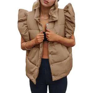 FMEYOA Womens Puffer Vest Ruffle Sleeveless Button Down Winter Warm Padded Gilet Coats