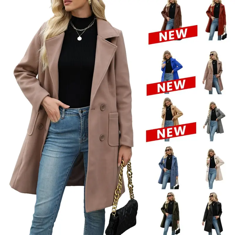 Woodberry Women's Double-Breasted Wool Blend Pea Coat, an Elegant Mid-Long Winter Jacket with Notched Lapel, Minimalist Solid Color Outerwear, Long Sleeve, Basic, Solid Color Jacket, Double Button, Lady, Western Style, Tops