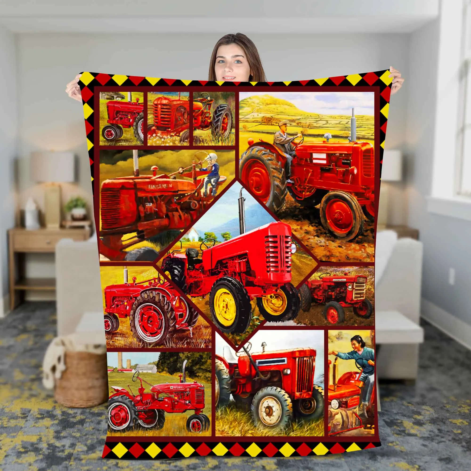 Red Tractors Fleece Sherpa Christmas Blanket for Cozy Sleep - Modern Style - Soft and Cooling