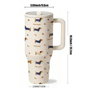 1 Pc 40oz Puppy Pattern Insulated Mug With Handle, Cartoon Dog Travel Tumbler With Lid For Hot And Cold Drinks, Large Capacity Reusable Coffee Cup, Cute Aesthetic Drinkware For Daily Use, Gift For Dog Lovers And Friends