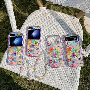 Floral Pattern Phone Case with Bead Chain, Flower Decorative Phone Protector Cover, Phone Accessories Compatible with Samsung Galaxy Z Flip 3 4 5 6, Casing