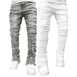 Skinny Pants Vintage Patch Frayed Denim Pants Casual Leggings Trousers with Pockets casual unisex style pants