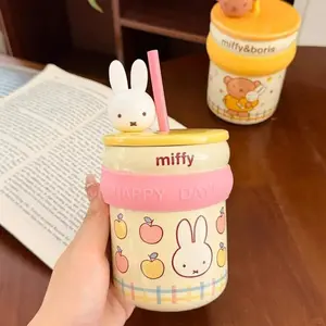 Miffy Rabbit Cups Kawaii Ceramic Straws Mugs With Lids Household Drinking Cups And High-Quality Good-Looking Souvenirs Girl Gift