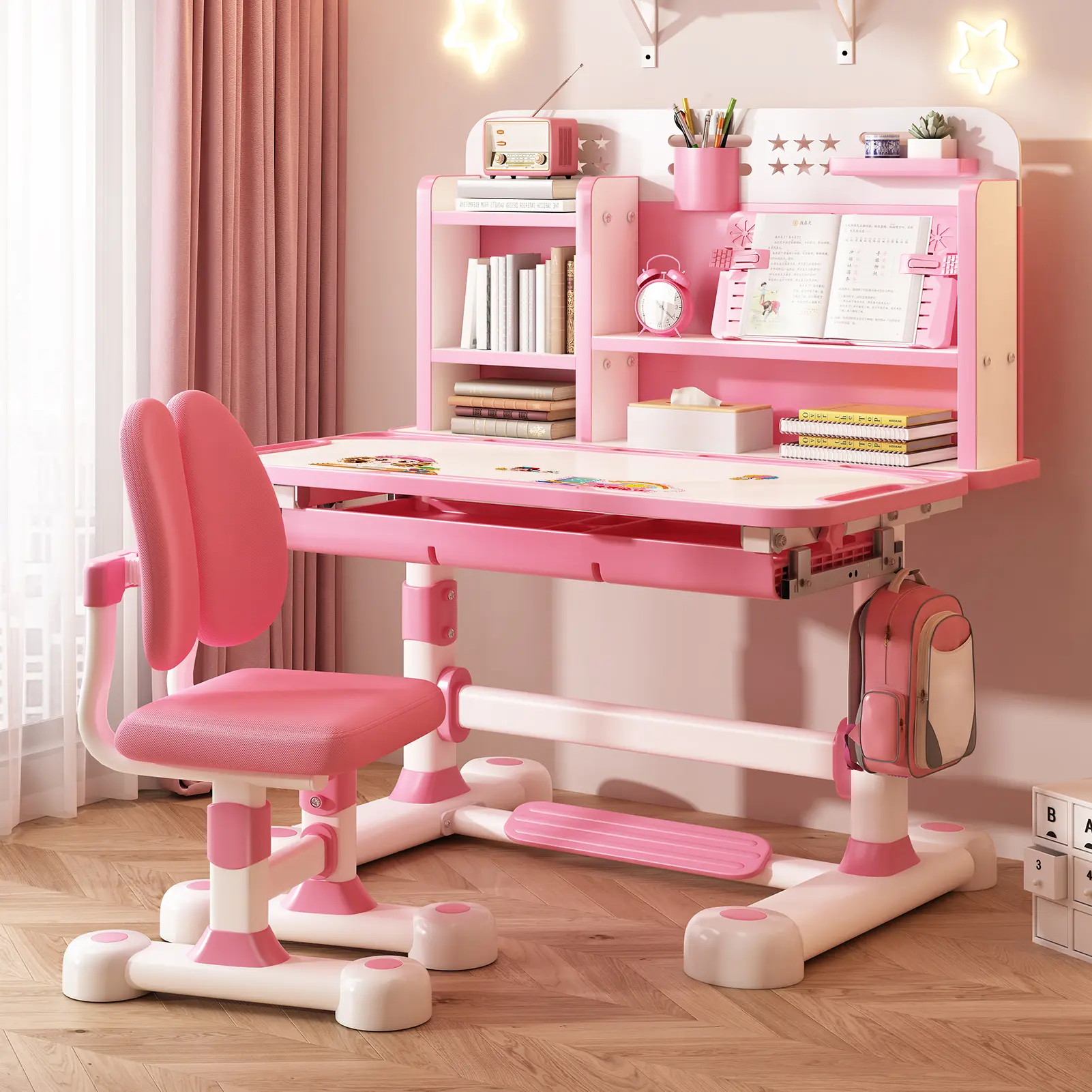 2Pcs/Set Kids Study Desk Chair Set, Height Adjustable Children School Study Table Chair Set with Sitting Corrector, Ergonomic Desk Chair with Book Stand, Foot Pedal, Partition Design (Pink, Blue)