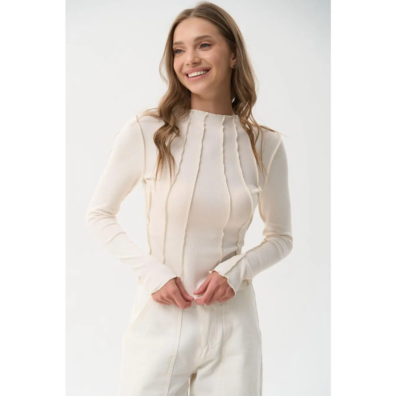 Milk Long Sleeve Shirt with Decorative Seams