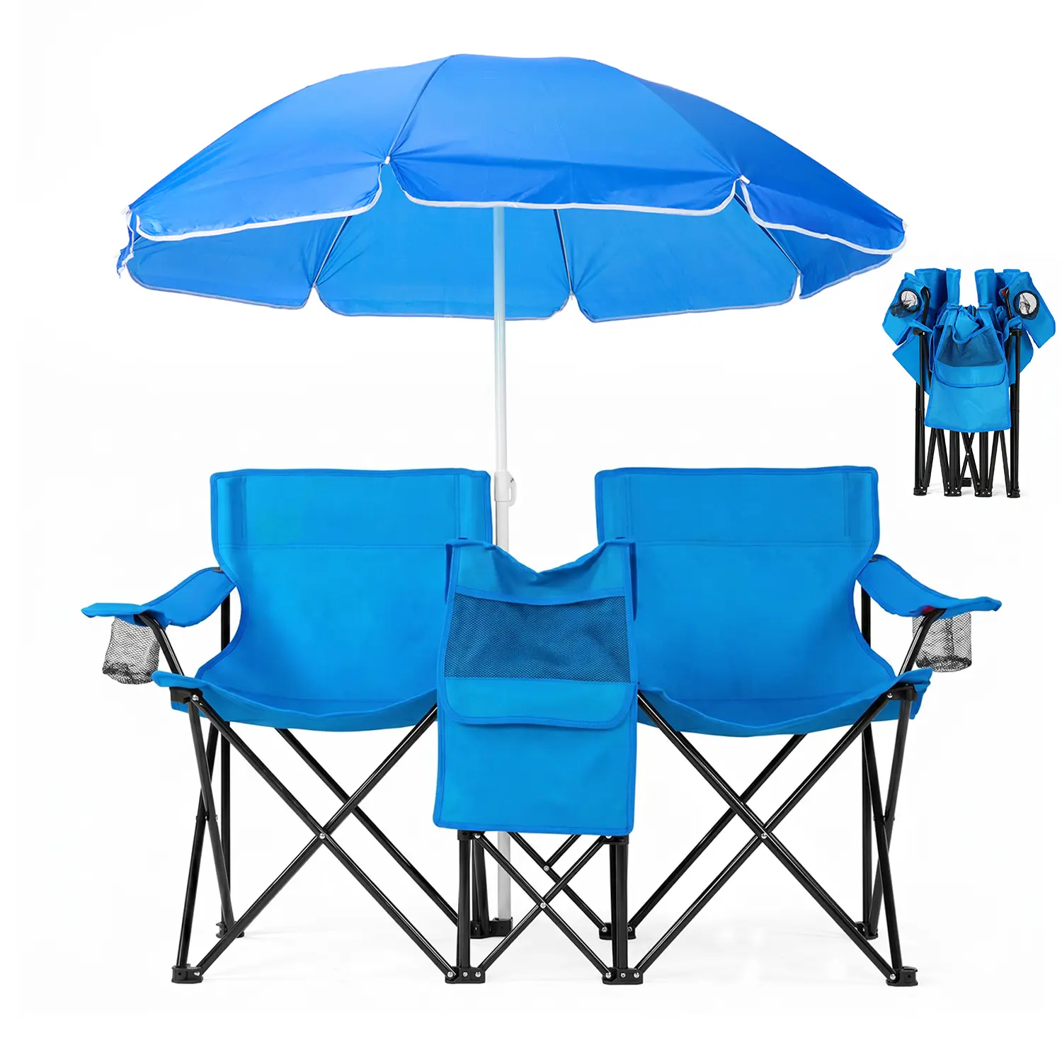 Double Portable Picnic Chairs, Folding Camping Chairs with Detachable Umbrella,Double Camping Chair with Insulated Cooler Bag and Cup Holders, Royal Blue