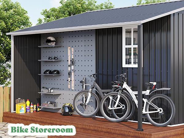 【Ships in Multiple Boxes】AMERLIFE Outdoor Storage Shed with Sliding Doors Two 4-Pane Windows, Open Outdoor Shed for Wood Storage, Dark Grey/White
