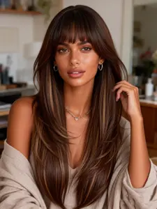 Brown Highlights Wig with Bangs for Women - 4x4 Realistic Scalp Long Layered Wig, Free Parting Synthetic Heat Resistant Hair, 26 Inch Natural-Looking Glueless Wig for Daily/Party/Cosplay