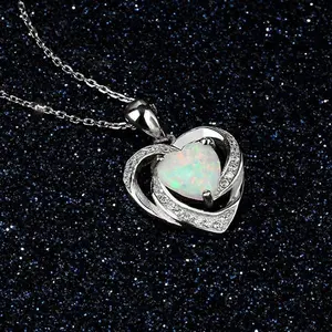 White Opal Love Heart 925 Sterling Silver Opal Necklace,Gemstone Birthstone Dainty Statement Necklace