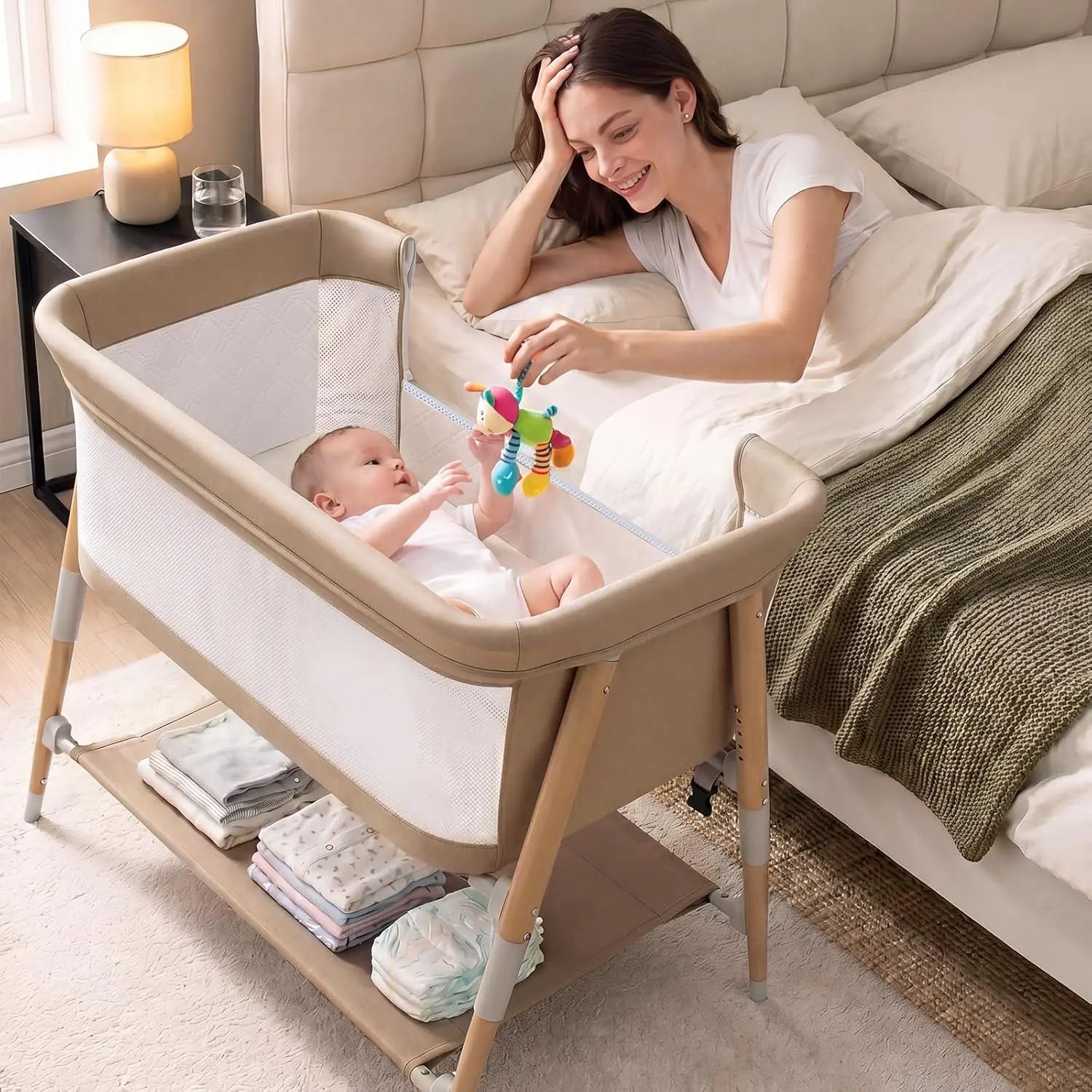 Baby Bassinet, 3 in 1 Bedside Bassinet Sleeper for Newborn, Portable Baby Crib with 4 Detachable Wheels & Adjustable Height, Breathable Mesh & Mattress, Mosquito Net& Storage Basket