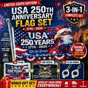 USA 250th Anniversary Flag Set (3-Piece) – Double-Sided 3x5 FT + Car Decal + 2 Flag Rings | Heavy Duty Outdoor Patriotic Banner