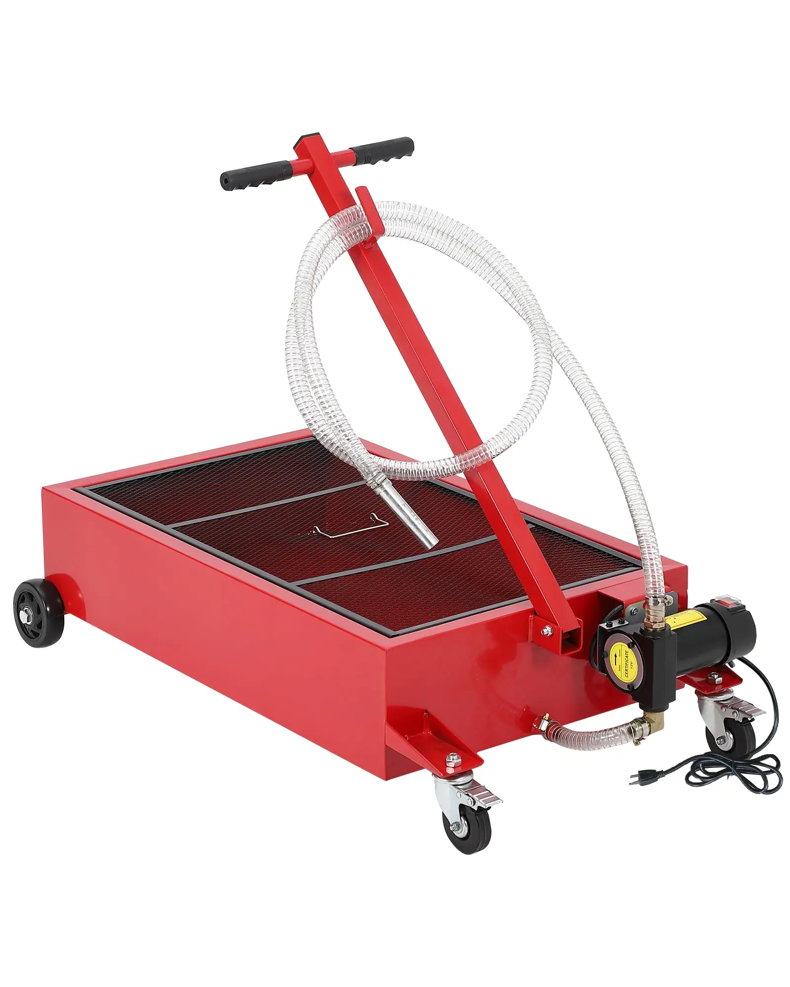 Low Profile Oil Drain Pan 110V, 20 gal Metal Oil Change Pan Cart with 180W Electric Pump, 8 ft Hose & Folding Handle for Cars, SUVs, Trucks, Buses, RVs, Red