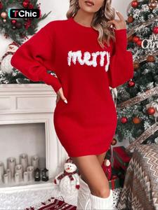 women's christmas letter print drop shoulder sweater dress, casual long sleeve round neck jumper dress for daily outdoor wear, women knitwear for fall & winter
