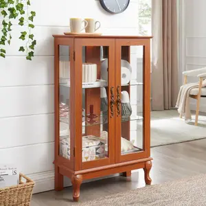 Bellemave Traditional 2-Door Tempered Glass Curio Cabinet - Height Storage, Multi Layer, Mirrored Back, Adjustable Shelves, Lighted Display with Included Bulb, 15-22 lbs, 360-Degree View, Easy Install, Home Office Dining Room Furniture Cupboard