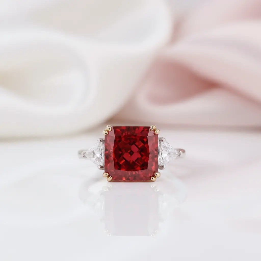 Ruby Radiant & Triangle Cut Three Stone Engagement Ring