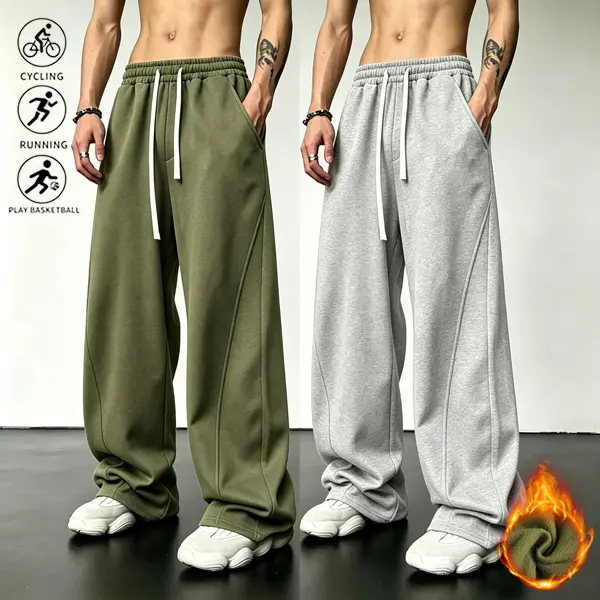 Men’s fleece-lined wide-leg sweatpants for autumn/winter, featuring a split design, loose fit, drawstring, elastic waistband, street-style long pants—warm athletic trousers suitable for cycling, running, basketball, everyday casual wear, and back-to-schoo