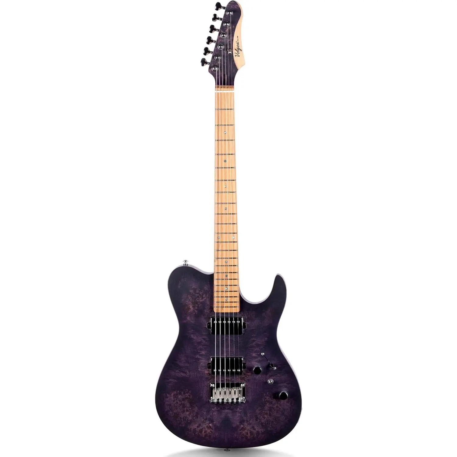 Electric Guitar Burl Wood Look Printed Top Modern Double Cut 6 String HH Pickups Tremolo Maple Neck Gloss Finish (Purple)