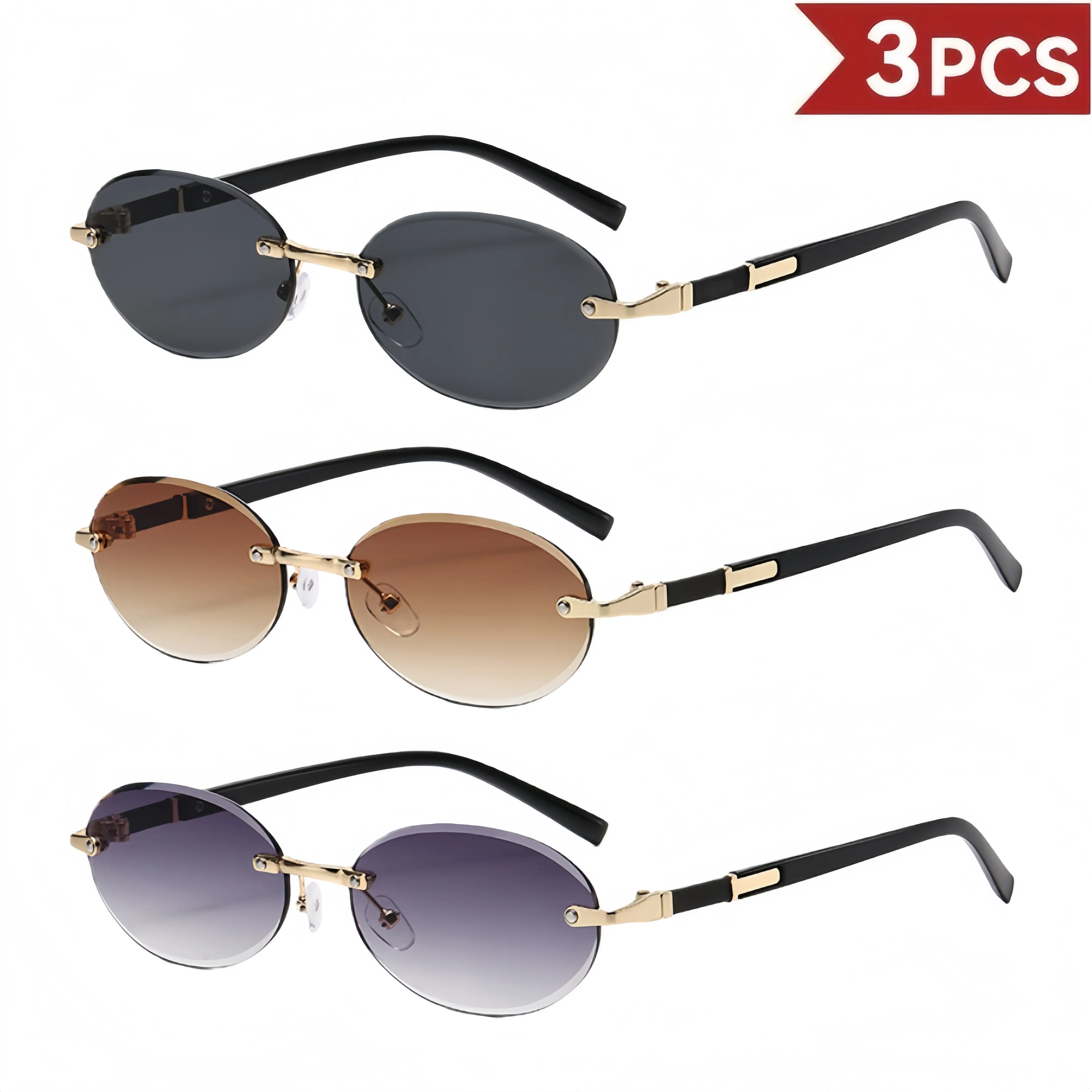 Women's 3-Pack Rimless Oval Fashionable Frames Sunglasses - Polyamide UV400 Lens Trendy Sun Glasses, Festive & Party Supplies Accessories for Women, High-Quality Streetwear Eyewear, High Quality Sunglasses