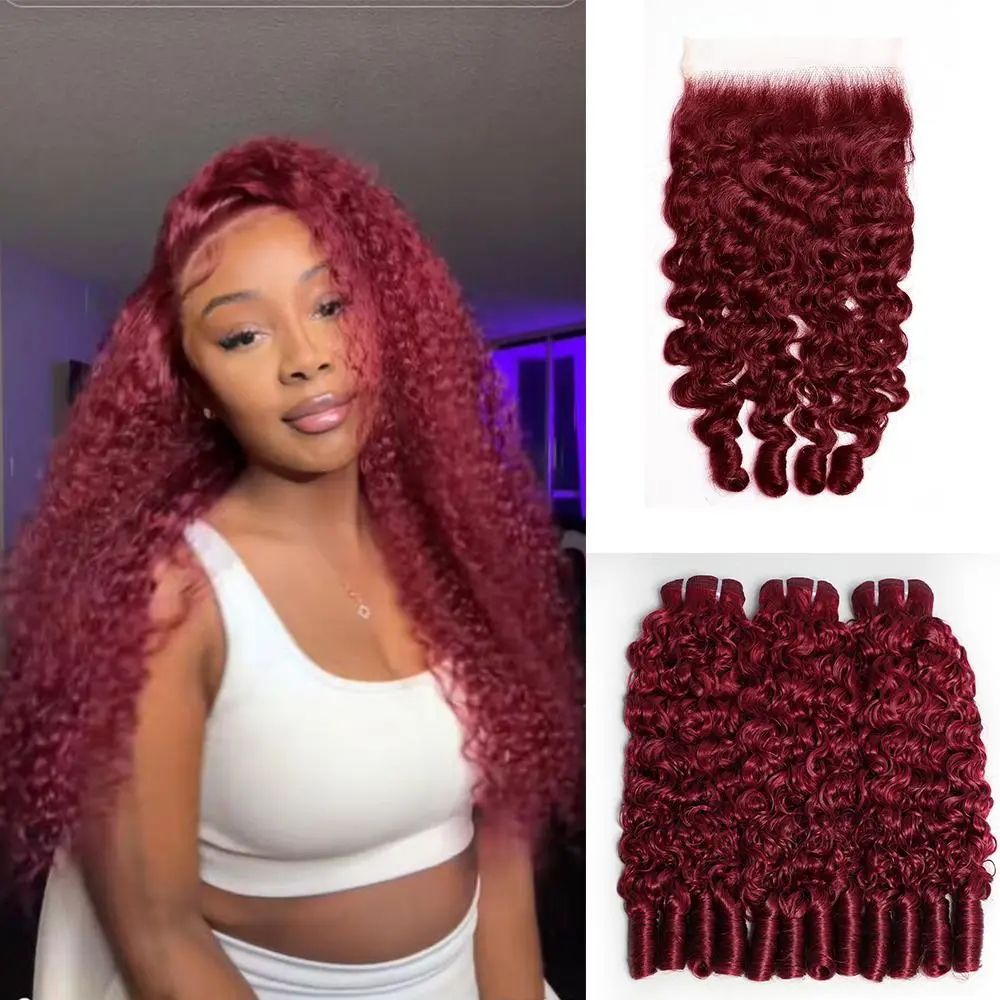 Lemoda Burmese Curly Bundles Human Hair Water Wave with Spiral Human Hair Bundles 100% Unprocessed Virgin Hair Extensions Dark Burgundy 99J Hair Bundles And 5X5 Lace Closure summerwins
