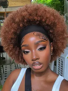 10 Inch Ginger Short Afro Kinky Curly Headband Wigs for Women, Gorgeous Fluffy Dark orange Wigs with Headbands, Synthetic Full Machine Wigs, Glueless Afro Wig for Party, Daily Use