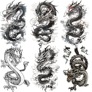 6 Cool Dragon Temporary Tattoos, Body Fake Tattoos, Men Women Adult Arm Chest Tattoo Stickers, Long-Lasting Realistic Waterproof Body Art Decals