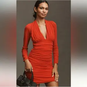 Anthropologie ruched mesh mini dress new with tags, and originally $158. The bold true-red hue and deep Low V neckline sexy bodycon long sleeves sorority party dress wedding guest special occasion NYE Birthday Formal Glam Valentine's Day