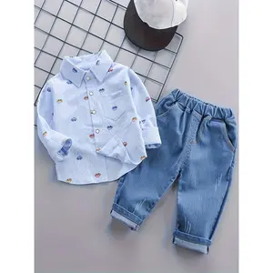 Boys' Cartoon Car Print Lapel Shirt and Long Sleeve Trousers Set, Cotton, Casual Style for Spring/Autumn, Autumn, Youngsters, Perfect for Outdoor