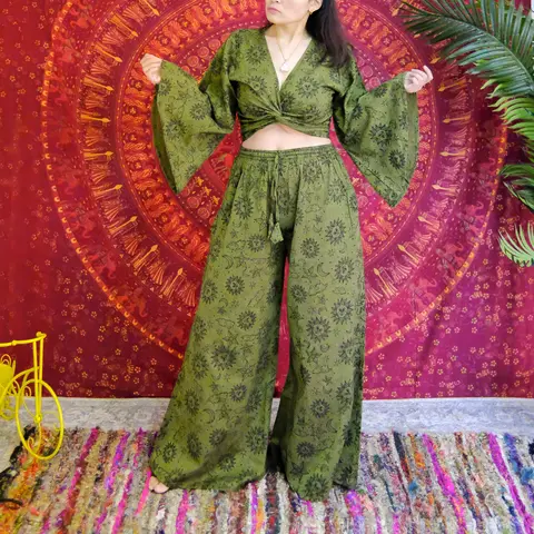 Women's 2-Piece Celestial Sun-Moon Printed Cotton Wide Leg Palazzo Pants Set - Long Sleeve Tie Top, Handmade Flowy Hippie Outfit, Plus Size, Festival-Ready with Pockets, Breathable Fabric for Summer