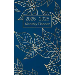 2025-2026 Monthly Planner 5x8: 2 Years Calendar Small For Women Blue and Golden Leaves Paperback – October 7, 2024