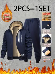 Men's 2-Piece Fleece Lined Full Zip Hooded Jacket & Jogger Set - Warm Winter Outfit with Pockets, Soft Hoodie & Windproof Zipper Pants Perfect for Gym, Skiing & Outdoor Activities - Temu Workout Running Clothes Timeless Sweats