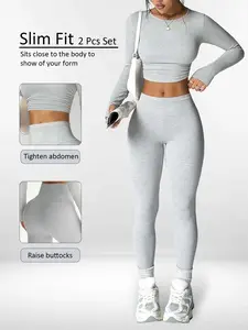 Women Solid Ruched Long Sleeve Top & Leggings Two Piece Set, Yoga Outfit Set, Sports Activewear Set, High Stretch, Soft Breathable Fabric, Perfect for Yoga, Gym Workouts & Daily Outings