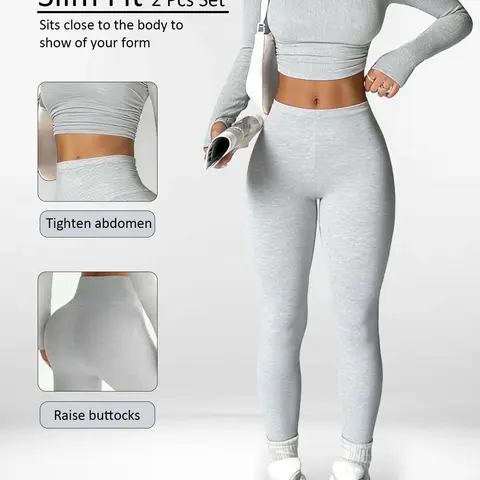 Women Solid Ruched Long Sleeve Top & Leggings Two Piece Set, Yoga Outfit Set, Sports Activewear Set, Exercise Clothing Set, High Stretch, Soft Breathable Fabric, Perfect for Yoga, Gym Workouts & Daily Outings